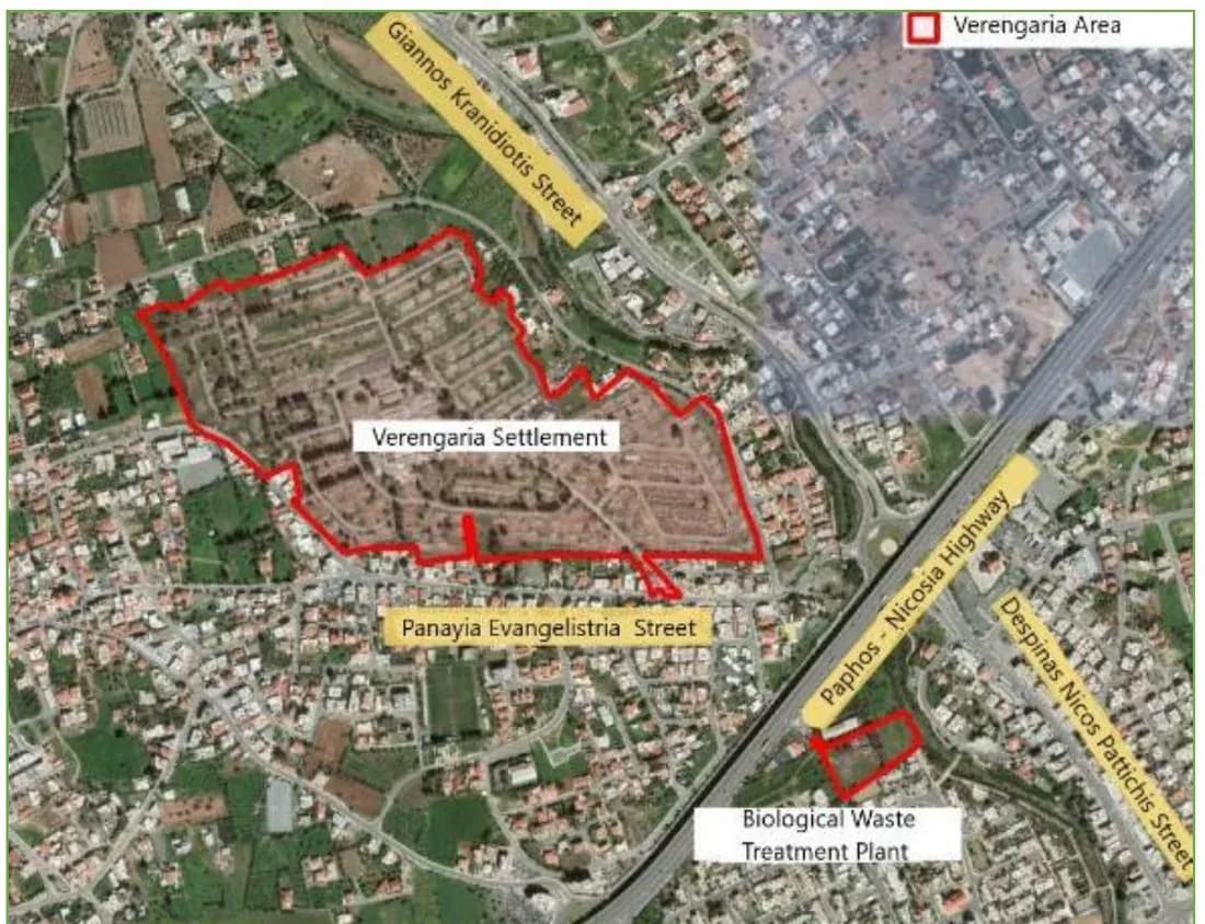 he Verengaria site, outlined in red, between Giannos Kranidiotis Street and the Paphos to Nicosia highway.
